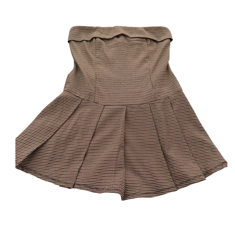 Brown‎ Houndstooth Strapless Mini Dress Pleated Skirt Preppy Academia Dress